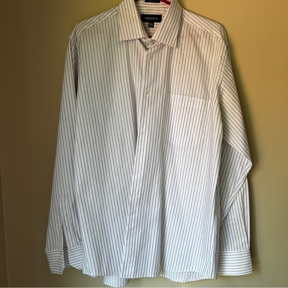 Simon Chang dress shirt in white with lavender and black pin stripe